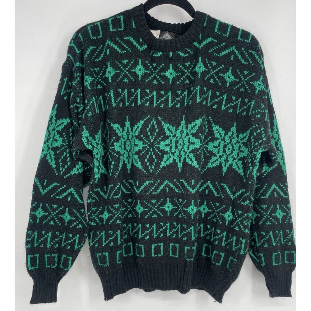Kennington Vintage 80s Sweater Fair Isle Mens M Black Green Nordic Made In Italy